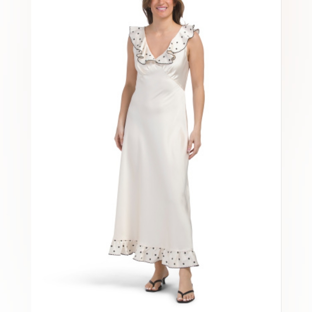 NWT - Caroline Constas Cream Ruffled Floral Embroidered Satin Finish Midi - L